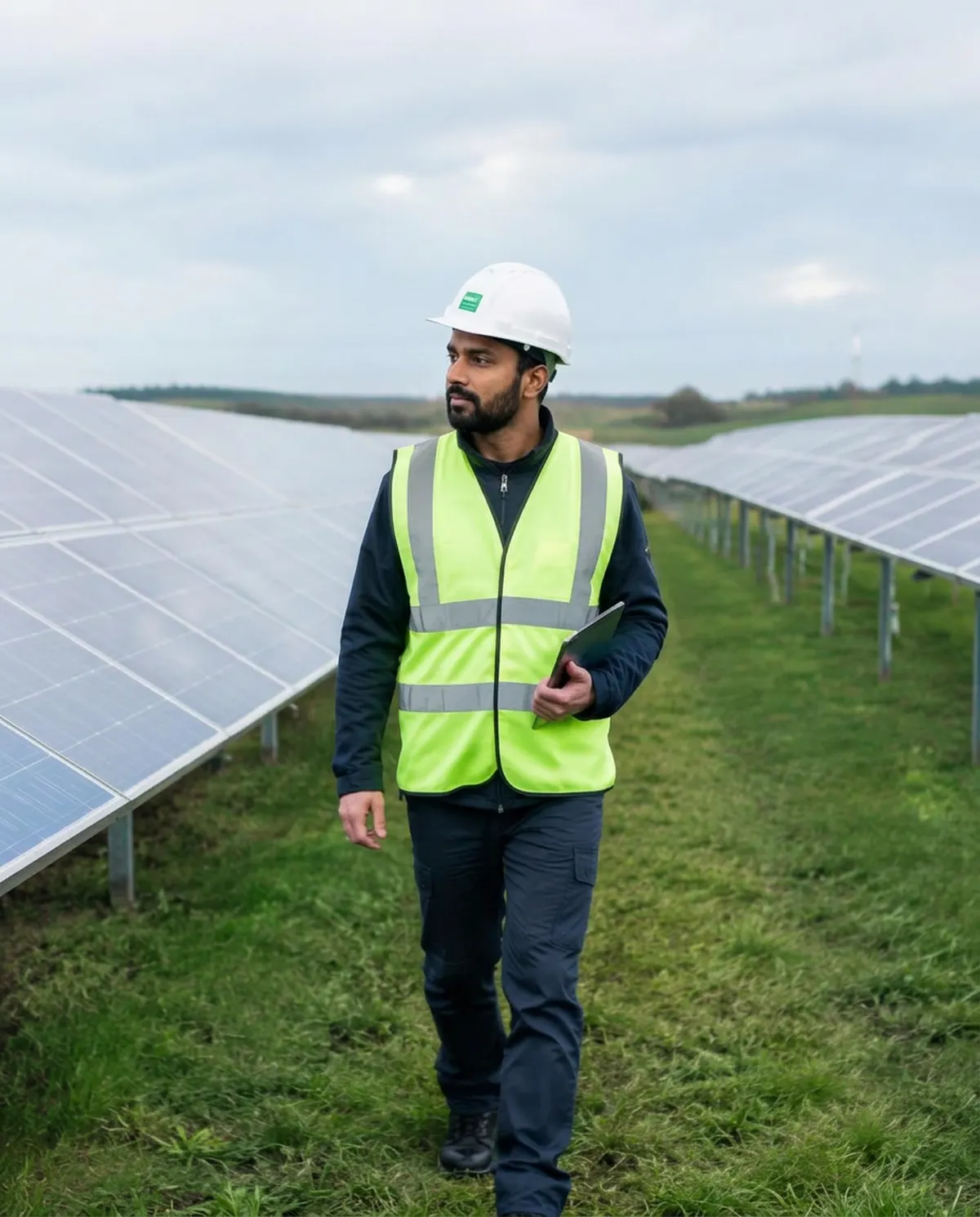 Engineer inspecting rows of solar panels